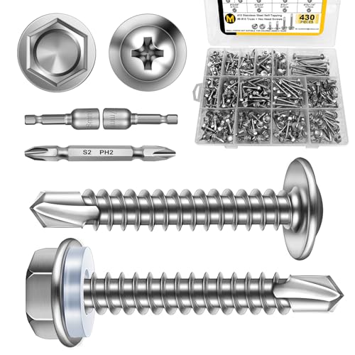 Mywish 430PCS Self Tapping Screws for Metal, Stainless Self Tapping Screws #8#10 Hex Head Truss Head, Sheet Metal Screws Assortment Kit, High-Strength Self Drilling Screws - color: Silver, size: #8 #10 Hex & Truss Head 430Pcs