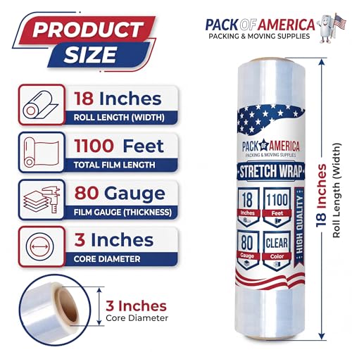 Pack of America Stretch Film - 4 Roll Clear, 18” x 1100 Feet, 80 Gauge (20 Micron) Industrial Heavy Duty Plastic Shrink Wrap and Dispenser for Packing, Shipping, Pallet, Moving Supplies