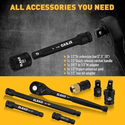 ELEAD 67 Piece 1/2" Drive Deep Impact Socket Set: Standard SAE (3/8"-1-1/4") & Metric (8-24 mm), Including 3 ", 5", 10" Extension Bar, Universal Joint, Ratchet Handle and Adapter - color: 67pcs 1/2'' Drive Impact Socket Set Black