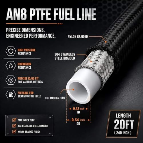 8AN PTFE E85 Fuel Line Hose 20FT Black - color: 20FT, size: AN8