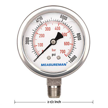 MEASUREMAN 2-1/2" dial,Glycerin Filled Hydraulics Pressure Gauge Stainless Steel case, 316 SS Wetted Part, 0-10000psi/bar1/4 NPT,Lower Mount - size: 0-10000 psi, style: Lower Mount(100% Stainless Steel)