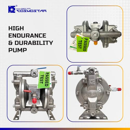 COSMOSTAR D0902 3/8" Stainless Steel Double Air Diaphragm Pump, Aluminum Body, Teflon Ball, seat and Diaphragm, Pump Muffler, Pump, Chemical Pump, Waste Oil Pump, Pneumatic Oil Pump, Diaphragm Pumps - size: D0902 3/8" Stainless Steel