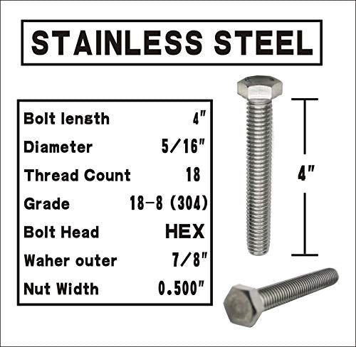 (5 Sets) 5/16-18x4 Stainless Steel Hex Head Screws Bolts, Hex Machine Nuts, Fender Flat Washer& Split Lock Washers, 18-8 (304) S/S, Fully Threaded by Bolt Fullerkreg - size: (5 Sets) 5/16x4"