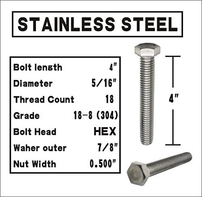 (5 Sets) 5/16-18x4 Stainless Steel Hex Head Screws Bolts, Hex Machine Nuts, Fender Flat Washer& Split Lock Washers, 18-8 (304) S/S, Fully Threaded by Bolt Fullerkreg - size: (5 Sets) 5/16x4"