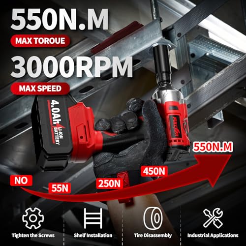 FULLYEA Cordless Impact Wrench 1/2 Inch, 406Ft-lbs (550N. M) Brushless Impact Gun Kit, 3000RPM High Torque Power Impact Wrench, 4.0Ah Battery & Fast Charger, Electric Impact Driver for Car Home