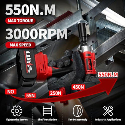 FULLYEA Cordless Impact Wrench 1/2 Inch, 406Ft-lbs (550N. M) Brushless Impact Gun Kit, 3000RPM High Torque Power Impact Wrench, 4.0Ah Battery & Fast Charger, Electric Impact Driver for Car Home