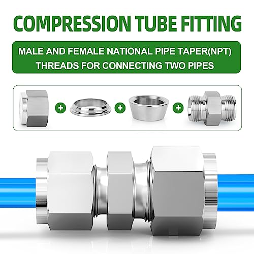 TAISHER 2PCS 304 Stainless Steel Compression Tube Pipe Fitting Connector, 1/2" Tube OD x 3/8" Tube OD Straight Adapter - size: 1/2" OD x 3/8" OD
