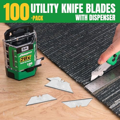 SK 100-Pack Utility Knife Blades, TAC Coated SK2M Steel for 28× Longer Life - style: 100-Pack
