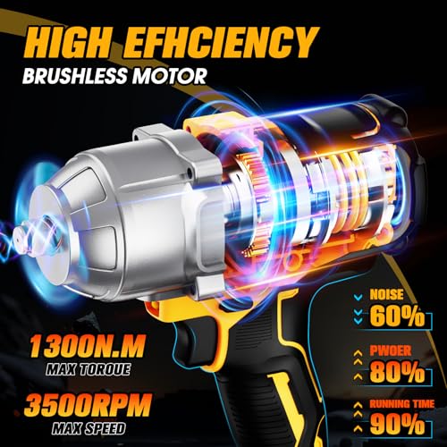1/2 inch Cordless Impact Wrench, 958Ft-lbs (1300N.m) High Torque Brushless Impact Gun, 3500RPM, 2x4000mAh Battery, Fast Charger & 5 Sockets, Electric Impact Wrench for Car, Pickup, Mower