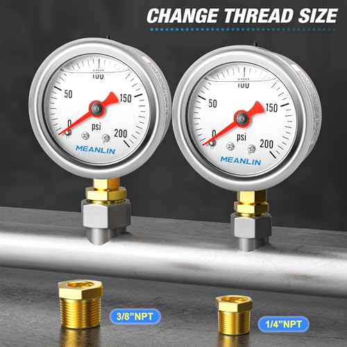 MEANLIN MEASURE 0~200Psi Stainless Steel 1/8" NPT 1.5" FACE DIAL, Glycerin Filled Pressure Gauge, Liquid Filled, Water Oil Air, Lower Mount, with 1/4" NPT and 3/8" NPT Hex Bushing - size: 0-200Psi