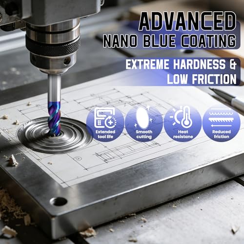 HQMaster Carbide Square End Mill with Nano Blue Coating, 1/2“ Shank 3 Flute End Mill, HRC 60 CNC Milling Bits Set for Aluminum, Copper, Magnesium Alloys & Composite Materials, 2-Pack - size: 1/2" x 1/2" x 1" x 3"