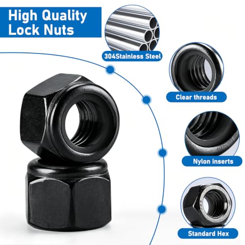 135 Pack Black 304 A2-70 Nylon Insert Lock Nuts, SAE & Metric - color: Black, size: Metric&SAE