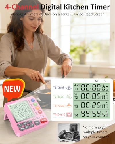 Digital Kitchen Timer with 4 Channel, Loud Alarm and Silent Mode - color: Pink
