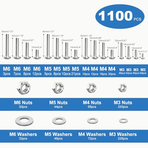 1100PCS Nuts and Bolts Assortment Kit, M3 M4 M5 M6 Phillips Head Machine Screws Assorted Set with Storage Case, Metric Bolts Nuts and Flat Washers Kit - color: Silver, size: 1100PCS-M3 M4 M5 M6