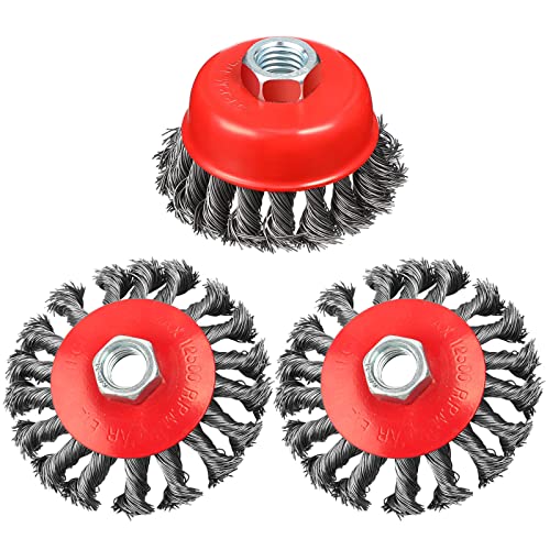 Rocaris 3 Pack Wire Wheel Brush for Angle Grinders,4 Inch Wire Brush for 4 1/2 Angle Grinder,4 Inch & 3 Inch Twist Knotted Wheels with 5/8" Thread Arbor for Removing Rust - style: 1*3” Cup Brush + 2*4” Wheel Brush