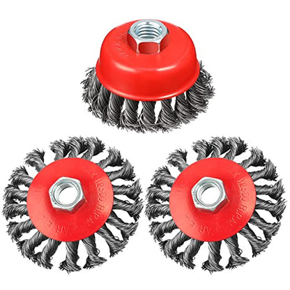 Rocaris 3 Pack Wire Wheel Brush for Angle Grinders,4 Inch Wire Brush for 4 1/2 Angle Grinder,4 Inch & 3 Inch Twist Knotted Wheels with 5/8" Thread Arbor for Removing Rust - style: 1*3” Cup Brush + 2*4” Wheel Brush