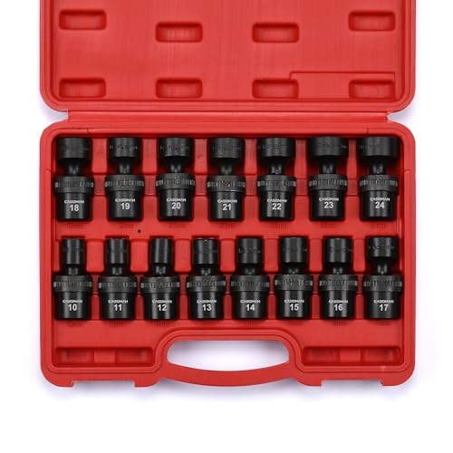 CASOMAN 15 PCS 1/2" Drive Standard Universal Impact Socket Set, 6 Point, Metric,10-24mm - size: 15 PCS 1/2" Dr.(Shallow)
