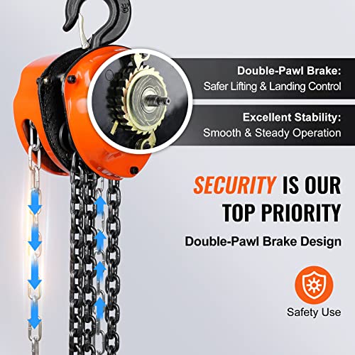 VEVOR Hand Chain Hoist, 1 Ton 2200 lbs Capacity 20 FT Come Along, G80 Galvanized Carbon Steel with Double-Pawl Brake, Auto Chain Leading & 360° Rotation Hook, for Garage Factory Dock - size: 1T 20FT