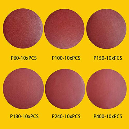 60 PCS 6 Inch NO-Hole PSA Aluminum Oxide Sanding Disc, Self Stick(10 Each of 60 100 150 180 240 400 Grit) - style: 6 Inch