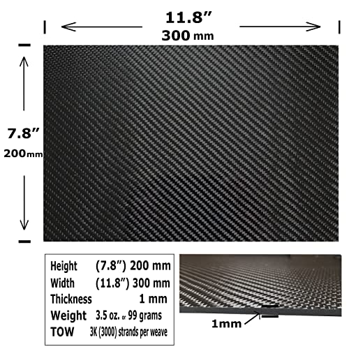 – 300mm x 200mm x 1mm – 100% - Pure Carbon Fiber Laminate Plate Panel – Black - 3K Plain Weave - Glossy Surface – for CNC Machining, Drones, Radio Control Cars, Boats – Nano tech Material - size: 1 - Plate