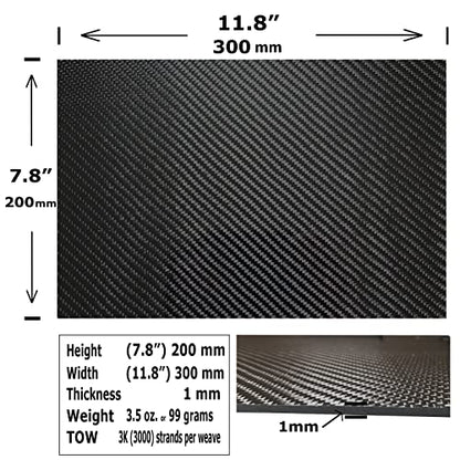 – 300mm x 200mm x 1mm – 100% - Pure Carbon Fiber Laminate Plate Panel – Black - 3K Plain Weave - Glossy Surface – for CNC Machining, Drones, Radio Control Cars, Boats – Nano tech Material - size: 1 - Plate