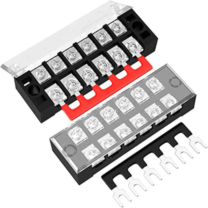 Joinfworld 35A Terminal Block 6 Position Screw Terminal Strip Dual Row with Cover & 6 Position Pre-Insulated Terminal Jumper Block - 2 Pack - style: 35A 6P