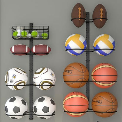 8 Tier Detachable Wall Mounted Basketball Rack, Vertical/Horizontal Football Holder, Holds 14 Balls DIY 1/2/3/4 Soccer Stand, Height-Adjustable Ball Rack with Basket for Garage, Tool Room, Metal-Black