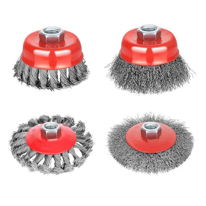 Wire Wheel Brush for 4 1/2 Angle Grinder, 5/8"-11 Thread Arbor,4 & 3 Inch Twist Knotted Coarse Crimped Wire Brushes (4pcs Wire Wheels) - style: 4pcs Wire Wheel