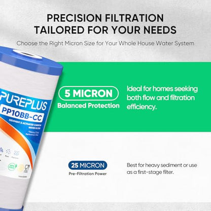 PUREPLUS 5 Micron 10"x4.5" Whole House Sediment & Carbon Water Filter,4PACK - size: 4 Count (Pack of 1), style: Sediment & Carbon Block