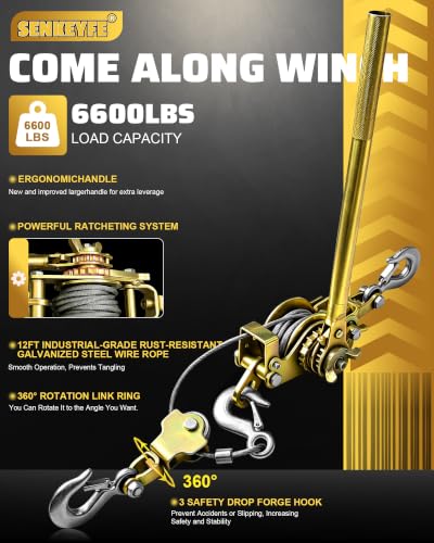 3T Come Along Cable Hoist Winch Puller Tool, 12FT Ratchet Puller - size: 3T-12FT