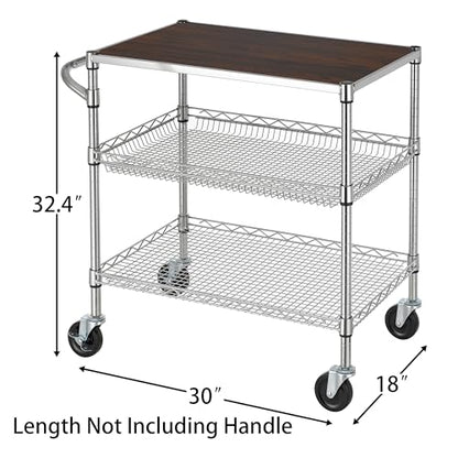 Finnhomy 3 Tier Heavy Duty Commercial Grade Utility Cart with Wood Top, Wire Rolling Cart with Wheels and Handle Bar, Kitchen Carts on Wheels, Metal Cart with 600 LBS Capacity, Chrome - style: 30“L Chrome
