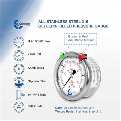 Carbo 600 PSI Liquid Filled Pressure Gauge with NIST Traceable Certificate, Calibrated in USA Lab, 2.5" Dial, 1/4 NPT Back Mount, ASME Grade A, 316 SS Case, 316 SS Wetted Parts, PSI/Bar - size: 0-600 PSI, style: NIST TRACEABLE