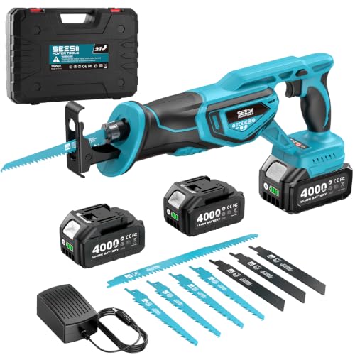 SEESII Cordless Reciprocating Saw, Brushless Motor with 8 Saw Blades - color: Sky Blue