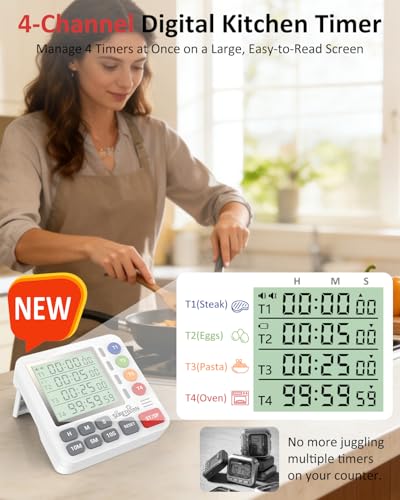 Digital Kitchen Timer with 4 Channel, Loud Alarm and Silent Mode - color: White