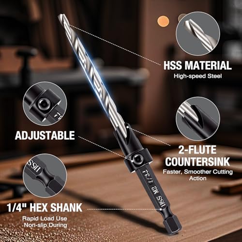 Countersink Drill Bit Set for Wood, 5 Pcs, Adjustable Depth Stop