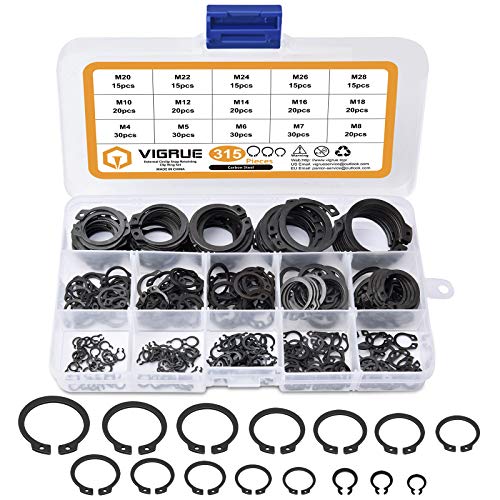 VIGRUE 315Pcs Snap Ring Shop Assortment Alloy Steel External Circlip Snap Retaining Clip Rings Set, 15 Sizes - size: 315PCS