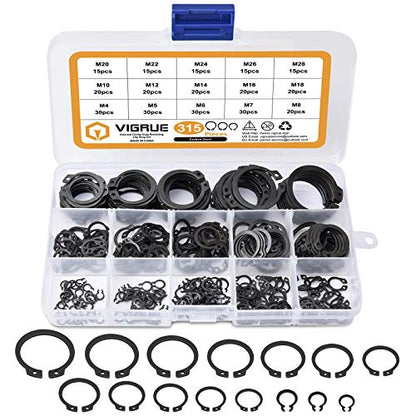 VIGRUE 315Pcs Snap Ring Shop Assortment Alloy Steel External Circlip Snap Retaining Clip Rings Set, 15 Sizes - size: 315PCS