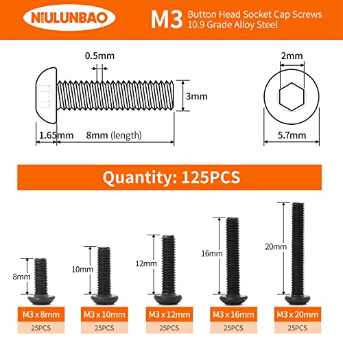 M3 x 8mm 10mm 12mm 16mm 20mm Button Head Socket Cap Screws Bolts, 10.9 Grade Alloy Steel, Black Oxide Finish, Metric Allen Hex Drive, Machine Fully Threaded, Assortment Kit 125PCS - size: M3 x 8/10/12/16/20mm (125PCS)
