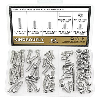 66 Pieces 1/4-20 x 3/8", 1/2", 5/8", 3/4", 1", Button Head Socket Cap Screws Nuts Assortment Kit, 304 Stainless Steel, Fully Machine Thread - size: 1/4"-20, style: Button Head