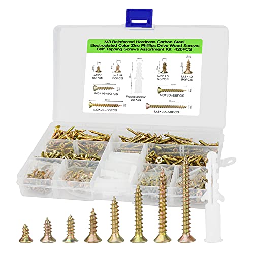 M3 Flat Head Small Screws Assortment Kit, 420pcs Short Self Tapping Screws - color: M3-Zinc, size: 420PCS