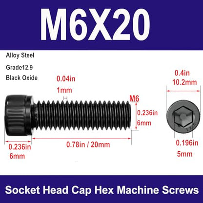 M6-1.0 x 20mm Socket Head Cap Screws Bolts, Grade 12.9 Alloy Steel Black Oxide, Allen Socket Drive, Machine Thread with Hex Spanner,20 PCS (M6X20) - size: M6X20mm