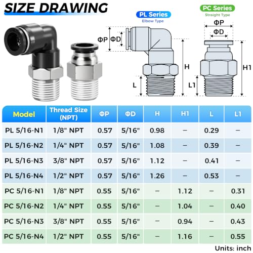 TAILONZ 5/16" x 1/4" NPT Push to Connect Straight & Elbow Fitting Kit 12Pcs - size: 5/16"OD x 1/4"NPT