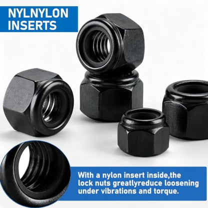 135 Pack Black 304 A2-70 Nylon Insert Lock Nuts, SAE & Metric - color: Black, size: Metric&SAE