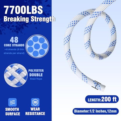 Double Block and Tackle Pulley System with 200Ft x 1/2'' Rope Pulley 7700 LB(35KN) Breaking Strength, 4:1 Lifting Power Sheave Pulley Hoist System for Garage, Attic Heavy Lifting - size: 1/2'' x 200ft