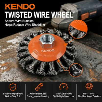 KENDO 6Pcs Wire Brush for 4-1/2" Angle Grinder,Twist Knotted Wire Wheel - color: Orange