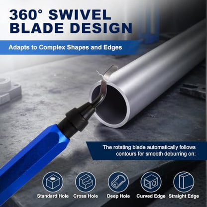Deburring Tool with 10 HSS Blades and Blue Aluminum Handle, 360° Rotary Reamer for 3D Printing and Metal Edge Finishing, High-Speed Steel Tool for PVC, Copper and Resin - color: Blue