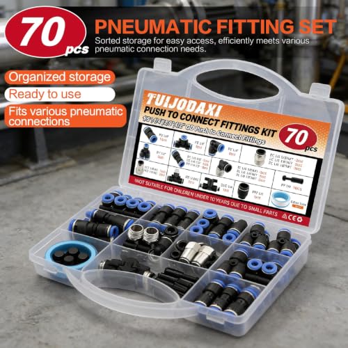70 PCS Push to Connect Fittings 1/4 Inch Assortment Kit, OD 1/4" Tube to 1/8" 1/4" 3/8" 1/2" NPT Thread, Quick Connect Air Line Fittings for Pneumatic Systems, Air Brake, Workshop & Automotive