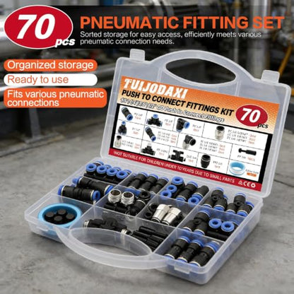 70 PCS Push to Connect Fittings 1/4 Inch Assortment Kit, OD 1/4" Tube to 1/8" 1/4" 3/8" 1/2" NPT Thread, Quick Connect Air Line Fittings for Pneumatic Systems, Air Brake, Workshop & Automotive