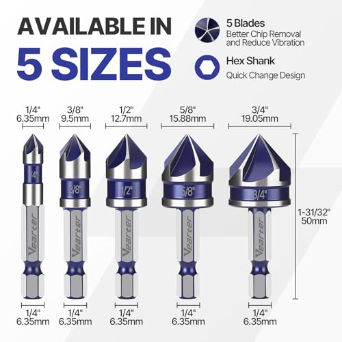 1/4'' to 3/4'' Countersink Drill Bit Set 5PCS with 1/4" Hex Shank