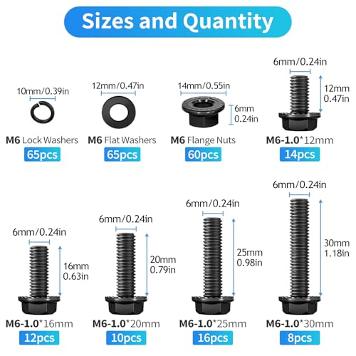 250PCS M6 Flange Hexagon Screws Serrated Flange Nuts Washers,M6-1.0 x 12/16/20/25/30mm Flanged Hex Head Bolts Assortment Kit, Alloy Steel Class 10.9 Black Zinc Plated (M6-1.0 Black) - size: M6-1.0 Black